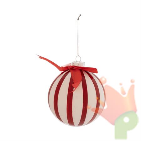 PALLINA IN VETRO SFERA A SPICCHI BIANCO/ROSSO 8CM