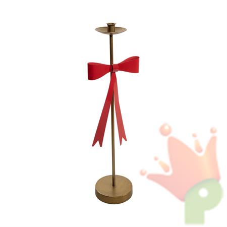 CANDELIERE ORO IN METALLO CON FIOCCO ROSSO 60CM