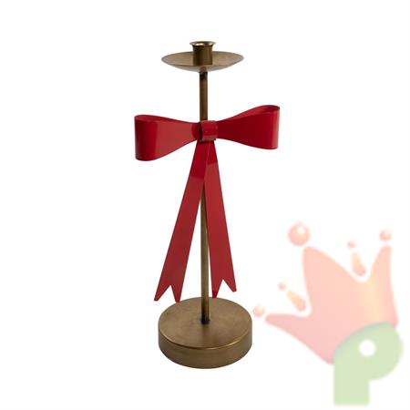 CANDELIERE ORO IN METALLO CON FIOCCO ROSSO 40CM