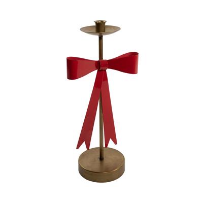 CANDELIERE ORO IN METALLO CON FIOCCO ROSSO 40CM