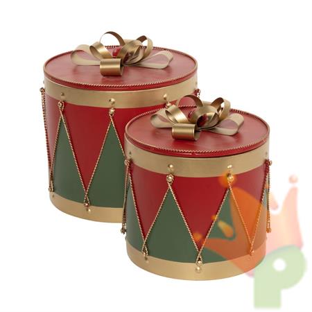 SCATOLE TAMBUERELLI IN METALLO ROSSO/VERDE/ORO 30CM 2PZ