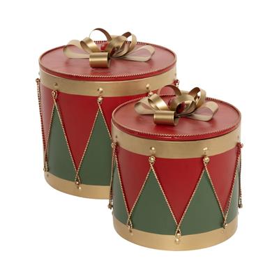 SCATOLE TAMBUERELLI IN METALLO ROSSO/VERDE/ORO 30CM 2PZ