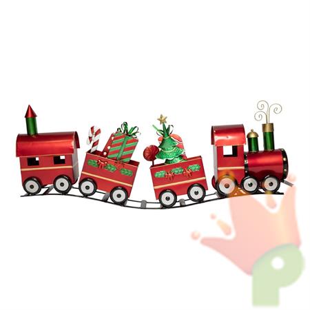 TRENO NATALIZIO CON ALBERO E REGALI IN METALLO ROSSO 133X24X52CM