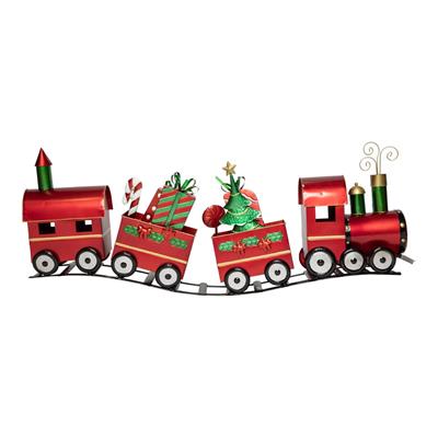 TRENO NATALIZIO CON ALBERO E REGALI IN METALLO ROSSO 133X24X52CM