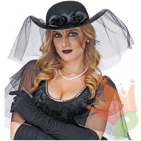 CAPPELLO VEDOVA NERA CON ROSE, VELO E RAGNI
