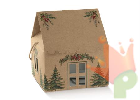 SCATOLA CASETTA CON PINI VERDI AVANA CON CORDINO 24,5X24,5X15CM