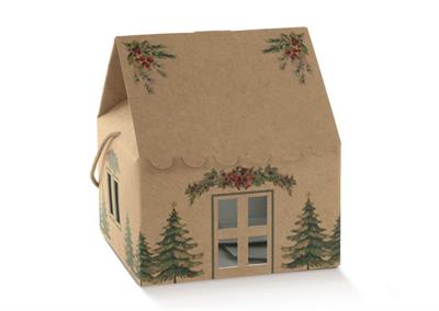 SCATOLA CASETTA CON PINI VERDI AVANA CON CORDINO 24,5X24,5X15CM