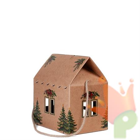 SCATOLA CASETTA PINI VERDI CON CORDINO AVANA 20X14X14CM