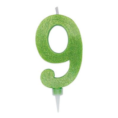 CANDELINA NUMERO 9 MAX DI CERA SWEETY VERDE MELA GLITTER 15CM