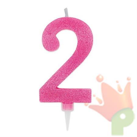 CANDELINA NUMERO 2 MAX DI CERA SWEETY FUCSIA GLITTER 15CM