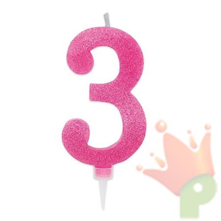 CANDELINA NUMERO 3 MAX DI CERA SWEETY FUCSIA GLITTER 15CM