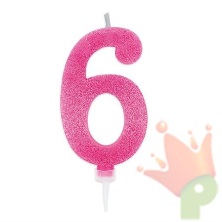 CANDELINA NUMERO 6 MAX DI CERA SWEETY FUCSIA GLITTER 15CM