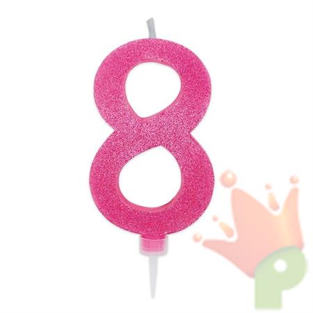 CANDELINA NUMERO 8 MAX DI CERA SWEETY FUCSIA GLITTER 15CM