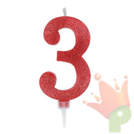 CANDELINA NUMERO 3 MAX DI CERA SWEETY ROSSO GLITTER 15CM