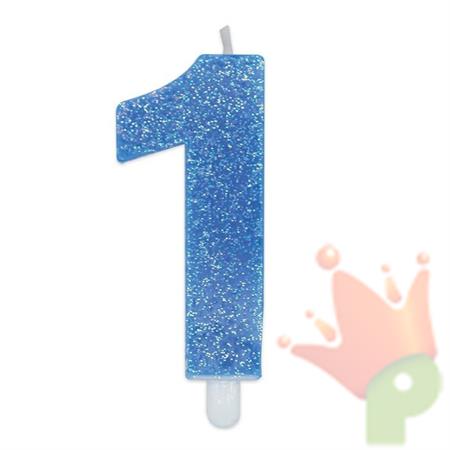 CANDELINA NUMERO 1 DI CERA SWEETY CELESTE GLITTER 9CM