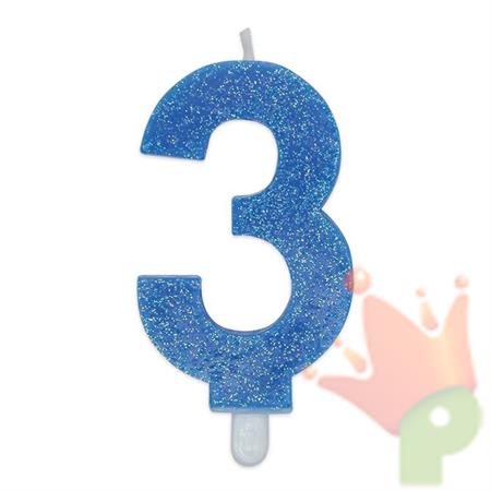 CANDELINA NUMERO 3 DI CERA SWEETY CELESTE GLITTER 9CM