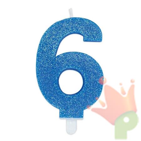CANDELINA NUMERO 6 DI CERA SWEETY CELESTE GLITTER 9CM