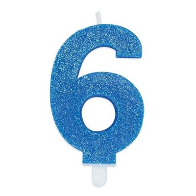 CANDELINA NUMERO 6 DI CERA SWEETY CELESTE GLITTER 9CM