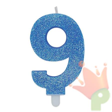 CANDELINA NUMERO 9 DI CERA SWEETY CELESTE GLITTER 9CM