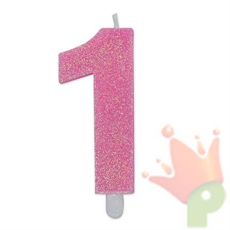 CANDELINA NUMERO 1 DI CERA SWEETY ROSA GLITTER 9CM