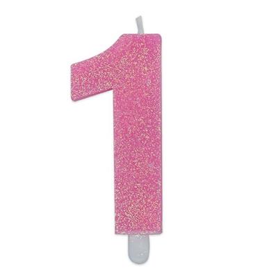 CANDELINA NUMERO 1 DI CERA SWEETY ROSA GLITTER 9CM
