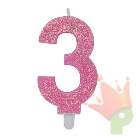 CANDELINA NUMERO 3 DI CERA SWEETY ROSA GLITTER 9CM