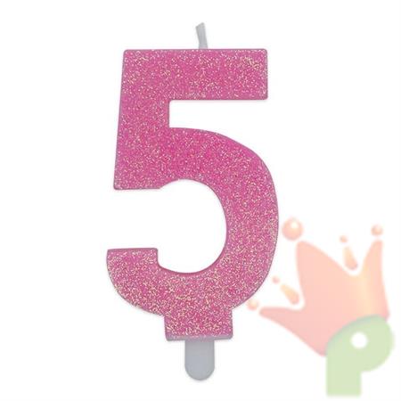 CANDELINA NUMERO 5 DI CERA SWEETY ROSA GLITTER 9CM