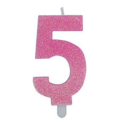 CANDELINA NUMERO 5 DI CERA SWEETY ROSA GLITTER 9CM