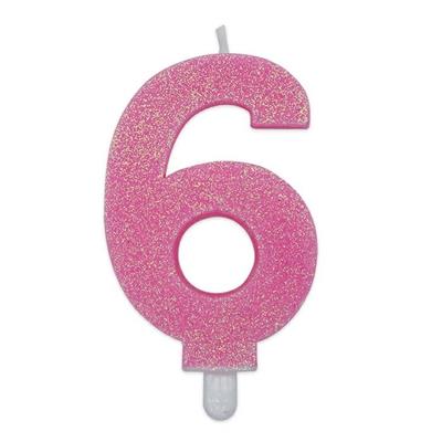 CANDELINA NUMERO 6 DI CERA SWEETY ROSA GLITTER 9CM