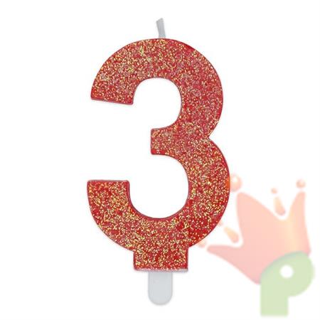 CANDELINA NUMERO 3 DI CERA SWEETY ROSSO GLITTER 9CM