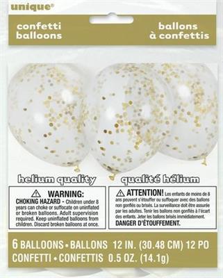 PALLONCINI 12INCH 30CM TRASPARENTI CORIANDOLI ORO 6PZ