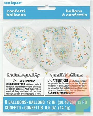 PALLONCINI 12INCH 30CM TRASPARENTI CORIANDOLI MULTICOLOR 6PZ