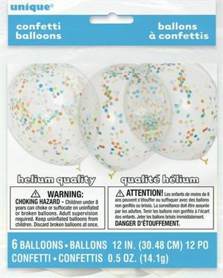 PALLONCINI 12INCH 30CM TRASPARENTI CORIANDOLI MULTICOLOR 6PZ