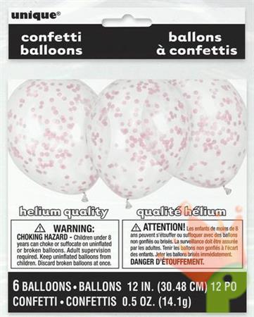 PALLONCINI 12INCH 30CM TRASPARENTI CORIANDOLI ROSA 6PZ