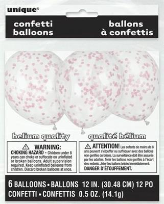 PALLONCINI 12INCH 30CM TRASPARENTI CORIANDOLI ROSA 6PZ