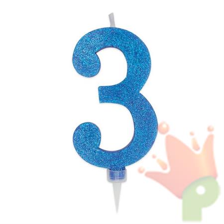 CANDELINA NUMERO 3 MAX DI CERA SWEETY BLU GLITTER 15CM