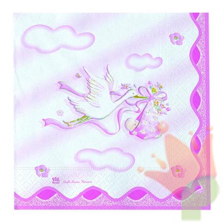 Tovaglioli nascita 25x25 Cicogna Rosa 20pz