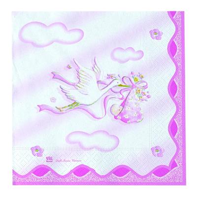 Tovaglioli nascita 25x25 Cicogna Rosa 20pz