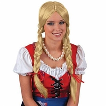 PARRUCCA LUNGA BIONDA CON TRECCE FIOCCHETTI ROSSI