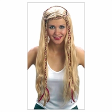 PARRUCCA LUNGA BIONDA CON TRECCINE NASTRO BORDEAUX