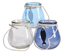 VASO IN VETRO PER TEALIGHT CON PESCE D.10X10CM ASS